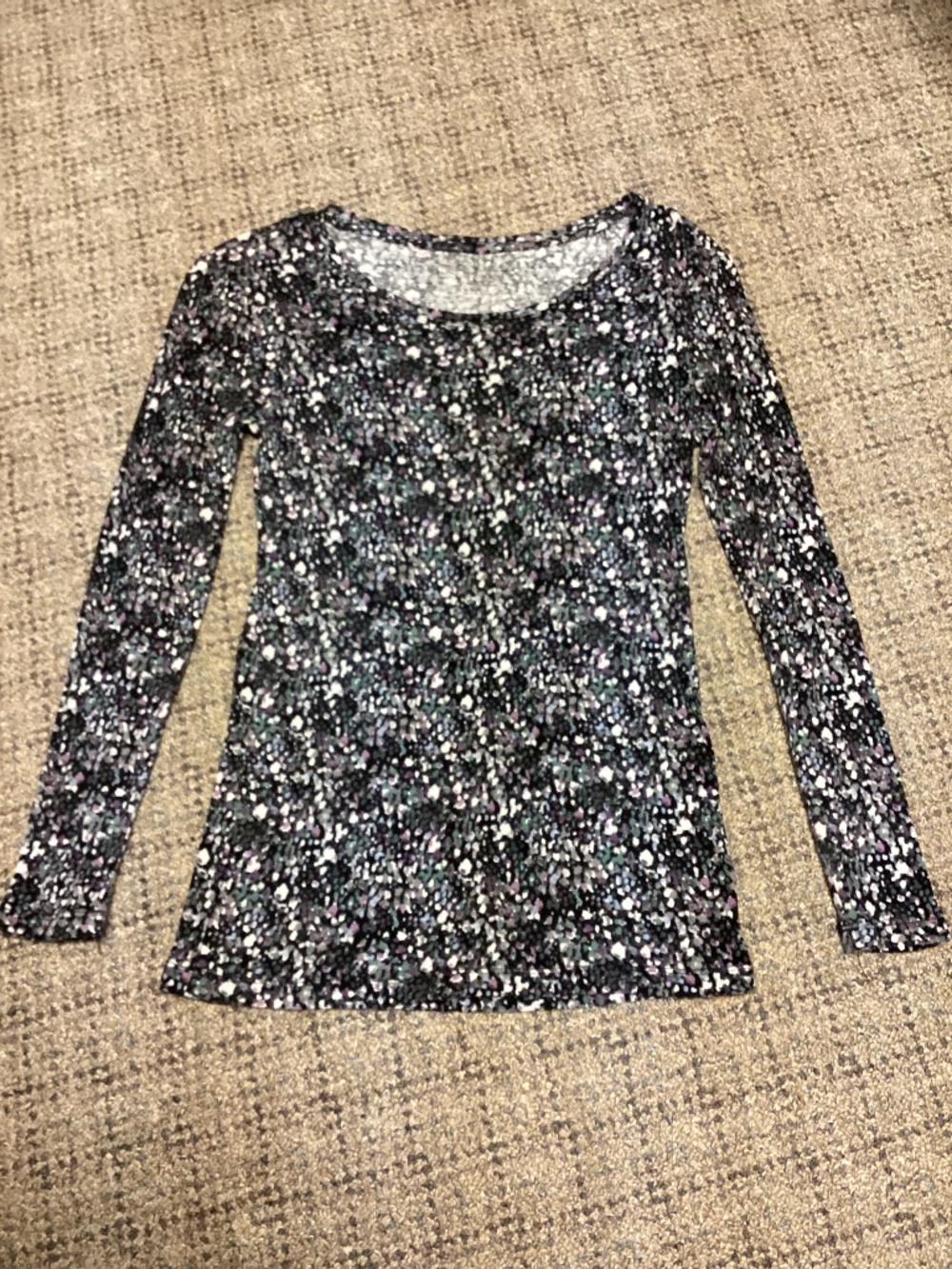 Daisy Fuentes Black Purple Multi Long Sleeve Print Scoop Neck Top * Size XS